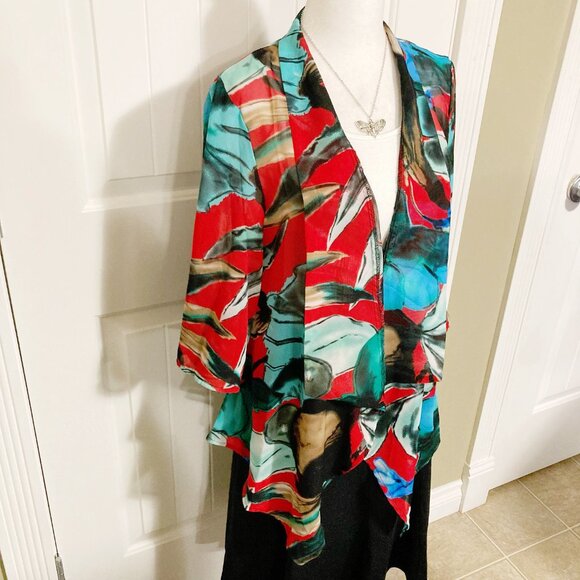 KAKTUS Red black white turquoise watercolour floral sheer cardigan ~ XS SMALL - Picture 3 of 12